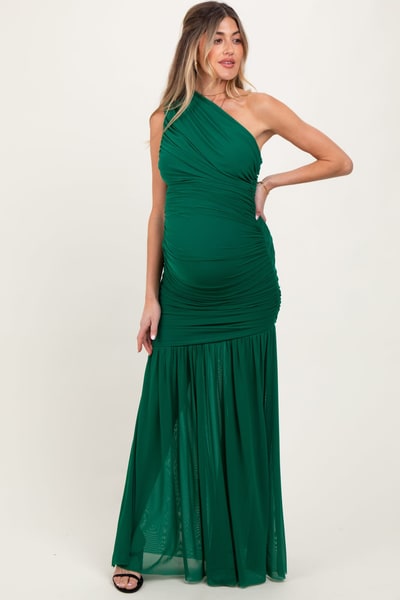 PinkBlush Forest Green Ruched Mesh One Shoulder Maternity Maxi Dress