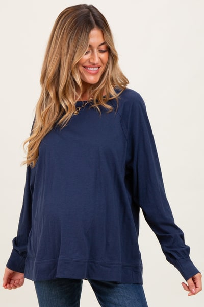 PinkBlush Navy Oversized Cotton Slub Long Sleeve Maternity Top