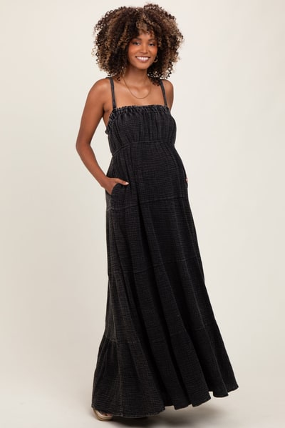 PinkBlush Black Tiered Sleeveless Maternity Maxi Dress