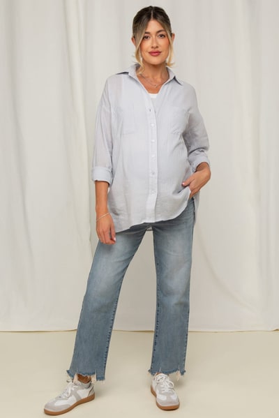 PinkBlush Light Blue Fringe Hem Maternity Wide Leg Jeans