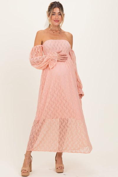 PinkBlush Peach Lace Overlay Smocked Maternity Maxi Dress