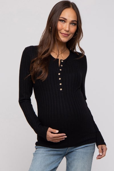 PinkBlush Black Ribbed Knit Button Long Sleeve Maternity Top