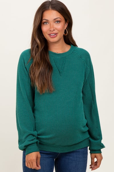 PinkBlush Forest Green Textured Rib Knit Maternity Pullover