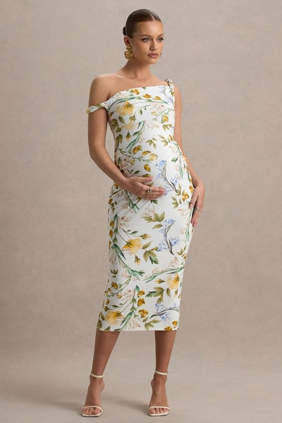 Club L London Salome | White Botanical Floral Print Twisted Asymmetric Maternity Midi Dress