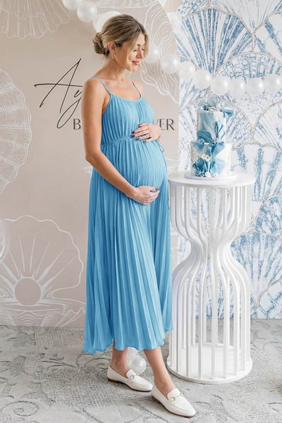 Summer Mae Pleated Stripe Sash Tie Sleeveless Maternity Midi Dress
