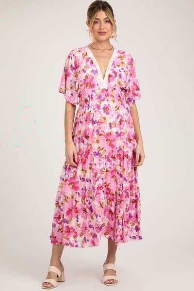 PinkBlush Fuchsia Multi-Color Floral Tiered Maternity Maxi Dress