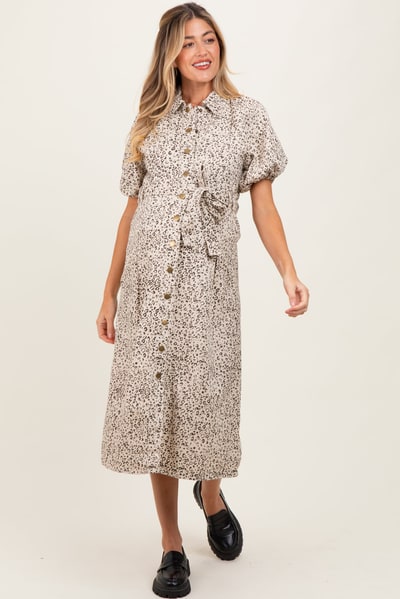 PinkBlush Cream Floral Button Front Waist Tie Maternity Midi Dress