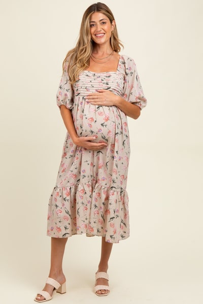 PinkBlush Cream Floral Pleated Bodice 3/4 Sleeve Maternity Midi Dress