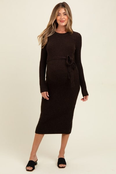 PinkBlush Brown Ribbed Tie Waist Maternity Sweater Dress