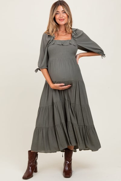 PinkBlush Olive Smocked Ruffle Detail Tiered Maternity Midi Dress