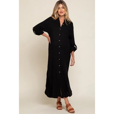 Target Pinkblush Black Button Down 3/4 Sleeve Maternity Midi Dress Small