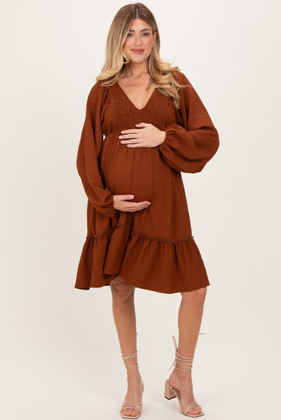 PinkBlush Brown Long Sleeve V-Neck Tiered Maternity Midi Dress