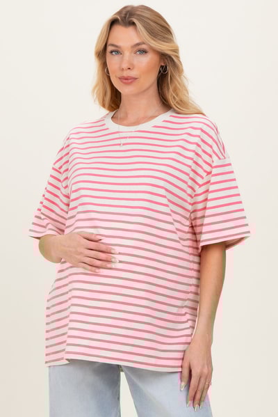 PinkBlush Pink Striped Short Sleeve Crew Neck Oversized Cotton Maternity Top