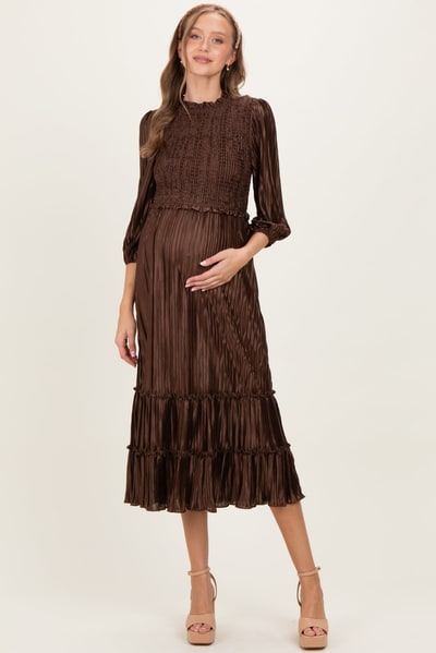 PinkBlush Brown Pleated Satin Smocked Bodice Maternity Midi Dress