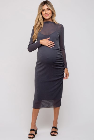 PinkBlush Charcoal Shimmer Mesh Long Sleeve Ruched Maternity Midi Dress