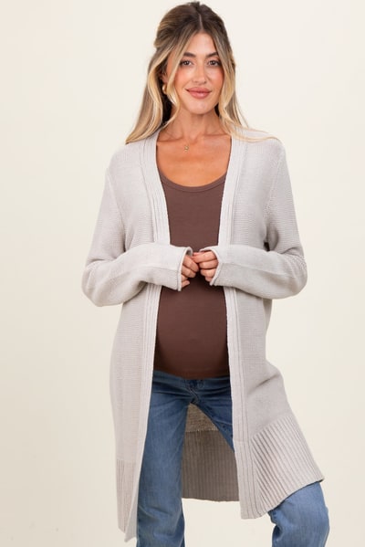 PinkBlush Cream Contrast Rib Long Maternity Open Cardigan