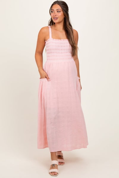PinkBlush Light Pink Smocked Embroidered Bust Textured Maternity Midi Dress