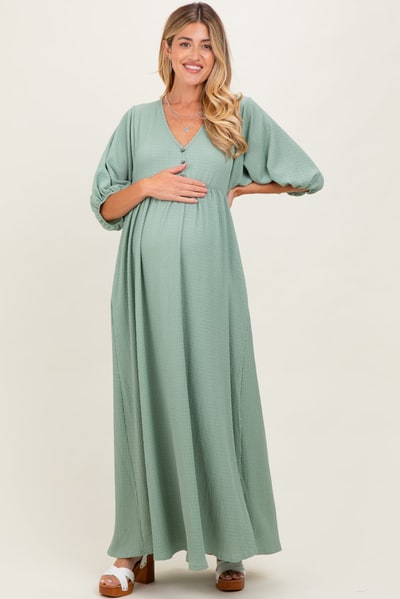 PinkBlush Sage Solid Woven 3/4 Sleeve V-Neck Button Down Maternity Maxi Dress