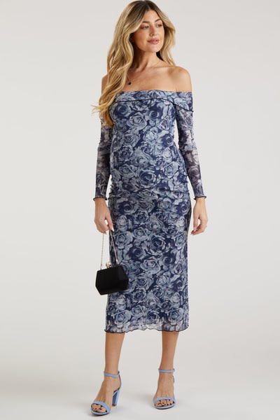 PinkBlush Navy Floral Off Shoulder Mesh Knit Maternity Midi Dress