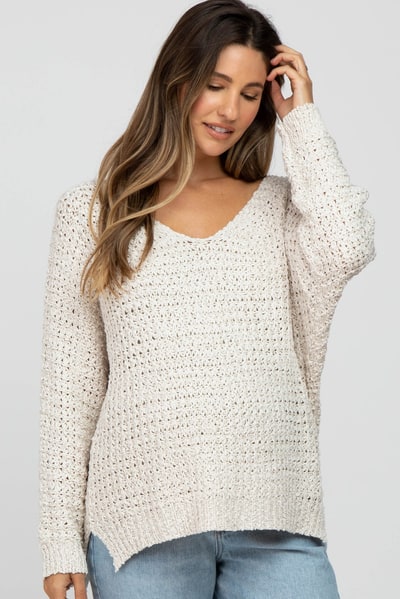 PinkBlush Ivory V-Neck Side Slit Thick Knit Maternity Sweater