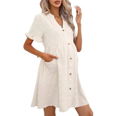 Target Maternity Swiss Dot Dress Summer V Neck Short Sleeve Button Down Mini Dress Baby Shower Photoshoot with Pockets Beige M