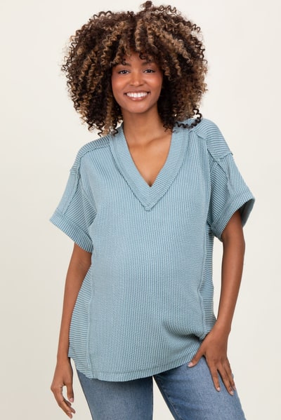 PinkBlush Blue Ribbed Raw Hem Maternity Short Sleeve Top