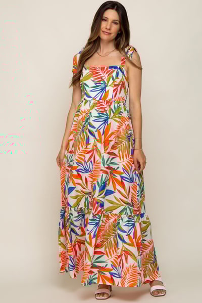 PinkBlush Orange Multi-Color Palm Print Shoulder Tie Maternity Maxi Dress