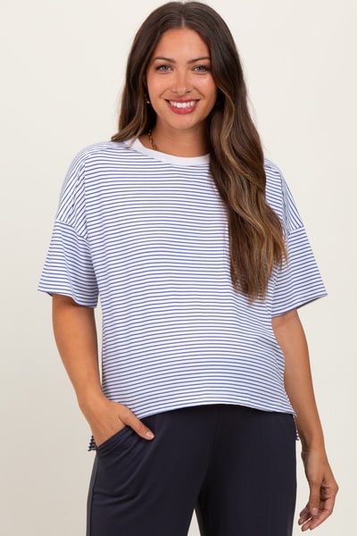 PinkBlush Royal Blue Striped Drop Shoulder Short Sleeve Maternity Top