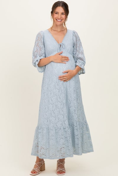 PinkBlush Light Blue Floral Lace 3/4 Ruffle Sleeve V-Neck Maternity Maxi Dress