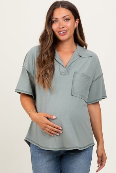 PinkBlush Olive Solid Ribbed Collar V-Neck Maternity Tunic Top