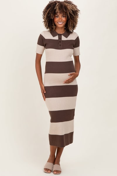 PinkBlush Brown Ribbed Striped Knit Polo Maternity Midi Dress