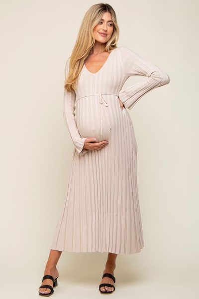 PinkBlush Taupe Ribbed Maternity Knit Maxi Dress