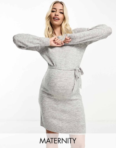 ASOS Mamalicious Maternity knit midi dress with belt in gray