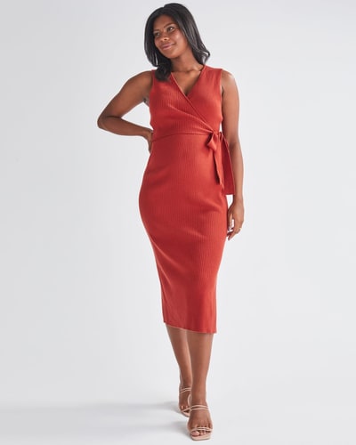 Angel Maternity Barbara Knit Maternity Midi Dress in Radiant Red