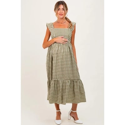 Target Pinkblush Olive Gingham Ruffle Strap Maternity Midi Dress Small
