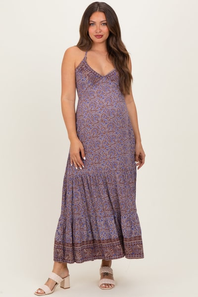 PinkBlush Brown Paisley Halter Maternity Maxi Dress