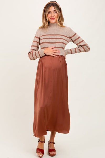 PinkBlush Brown Striped Contrast Sweater Top Maternity Maxi Dress