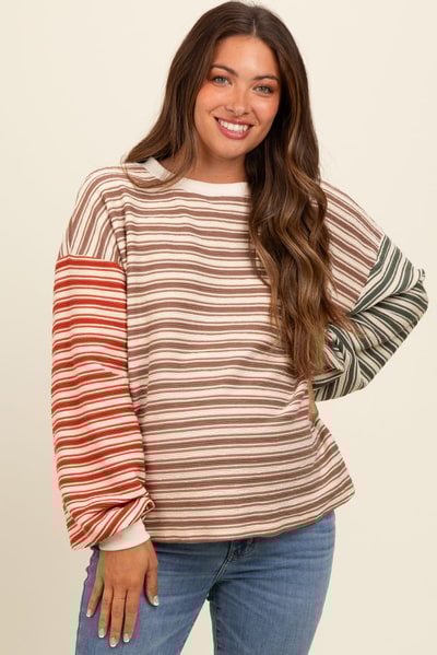 PinkBlush Brown Striped Colorblock Bubble Sleeve Maternity Top