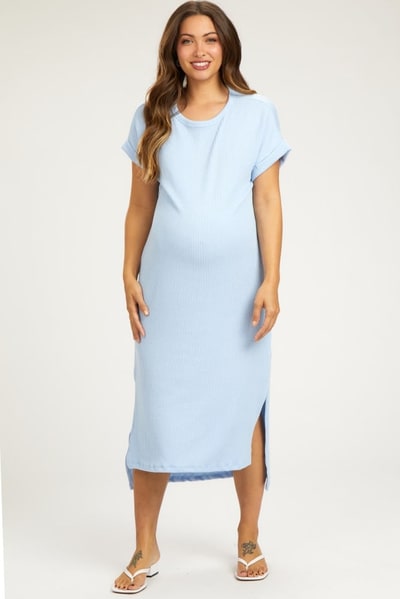 PinkBlush Light Blue Ribbed Short Sleeve Maternity Midi Dress