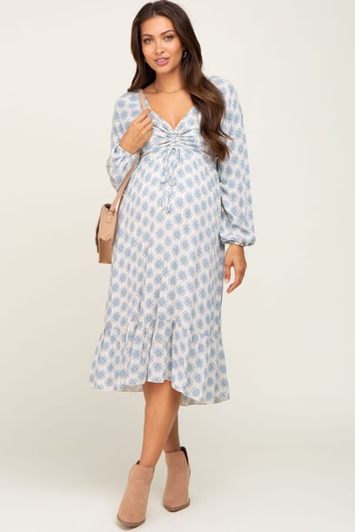 PinkBlush Blue Printed Cinched Maternity Midi Dress