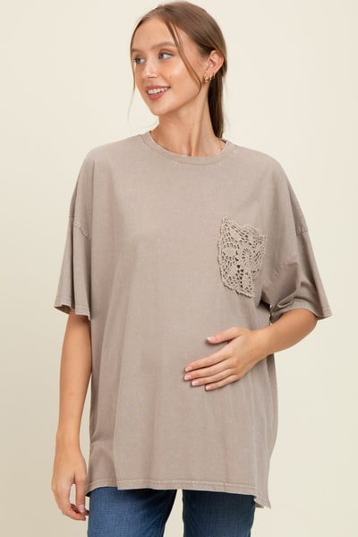 PinkBlush Taupe Mineral Wash Crochet Pocket Maternity Top