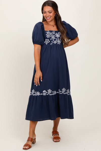 PinkBlush Navy Embroidered Floral Square Neck Maternity Maxi Dress