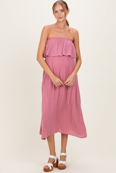 PinkBlush Light Rose Woven Crinkle Flounce Strapless Maternity Maxi Dress
