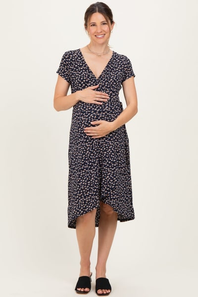 PinkBlush Navy Printed V-Neck Maternity Midi Wrap Dress