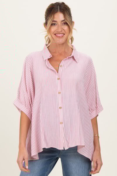 PinkBlush Red Striped Boxy Button Down Maternity Top