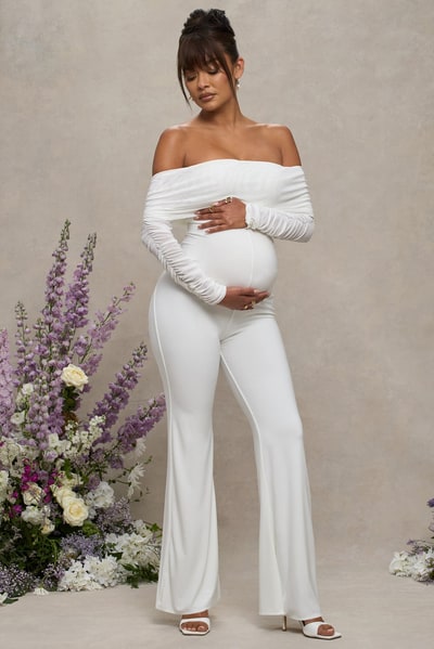 Club L London Count Down | White Maternity Ruched Mesh Bardot Jumpsuit