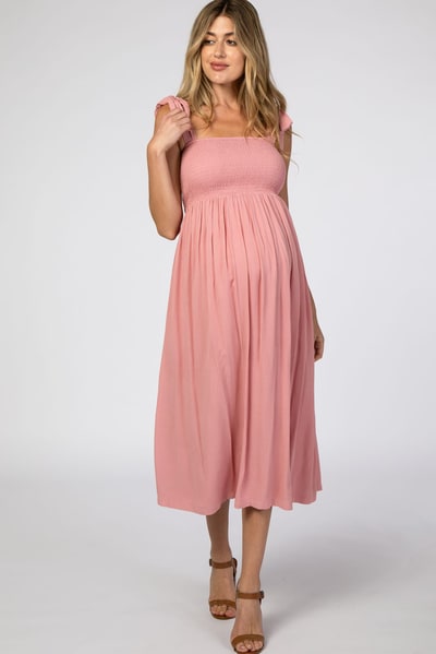 PinkBlush Pink Smocked Tie Strap Maternity Midi Dress