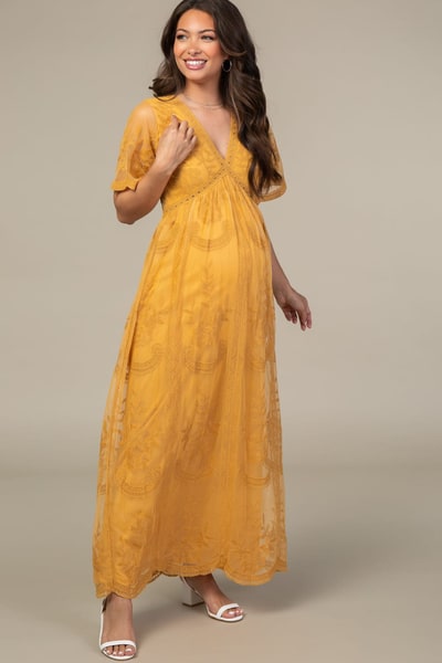 PinkBlush PinkBlush Mustard Lace Mesh Overlay Maternity Maxi Dress