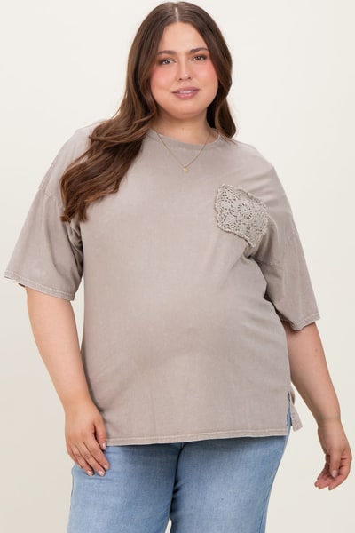 PinkBlush Taupe Mineral Wash Crochet Pocket Maternity Plus Top