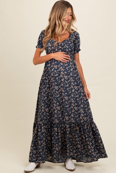 PinkBlush Navy Blue Floral Button Accent Maternity Maxi Dress